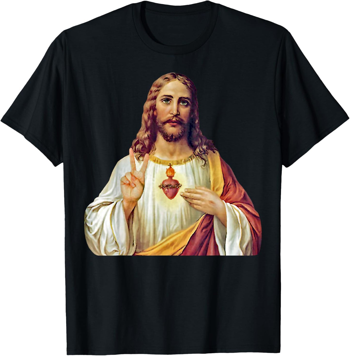 Jesus Christ Sacred Heart Peace Sign Portrait T-Shirt - T-Shirt | Black