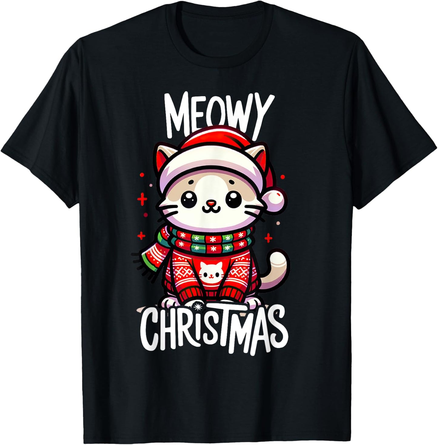 Meowy Christmas Cat Lover Funny Festive Holidays Cute Kitten T-Shirt - T-Shirt | Black