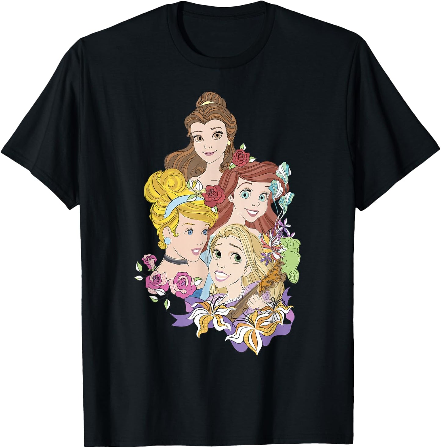 Disney Princess Floral Belle Cinderella Ariel Rapunzel T-Shirt - T-Shirt | Black