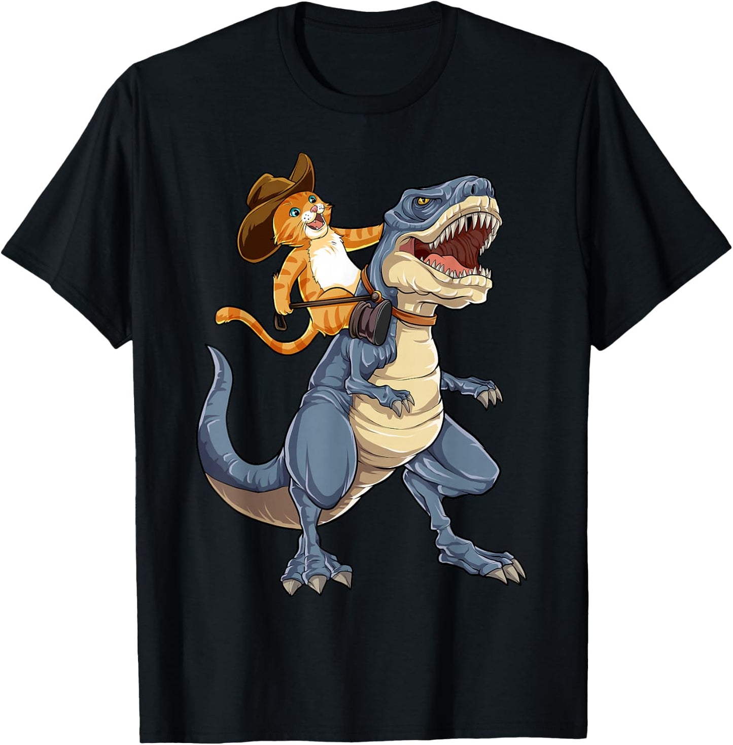 Feline Pawsitive Cat Co Kids Cat Riding Dinosaur T Rex Funny Purrassic Kitty Kitten Lover T-Shirt - T-Shirt | Black
