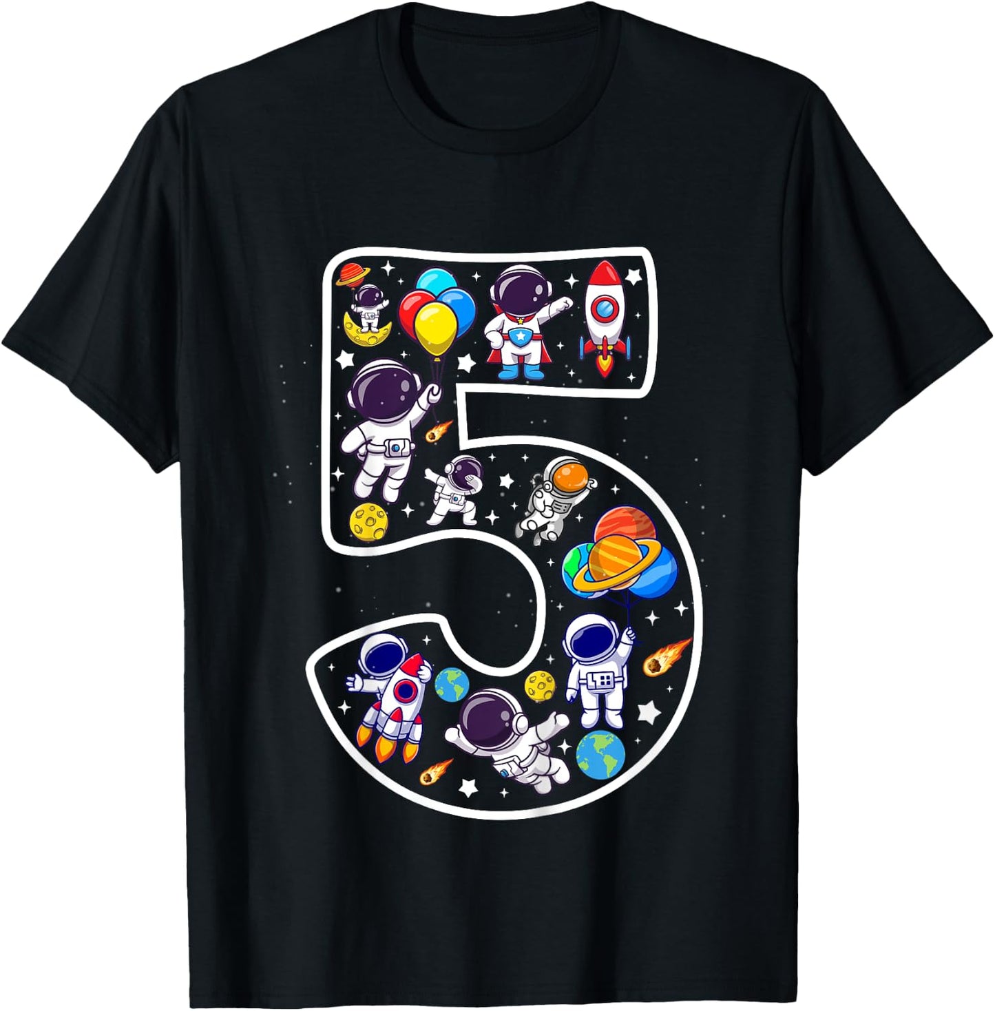 Kids 5 Year Old Boy Astronaut Space Birthday 5th Birthday Boys T-Shirt - T-Shirt | Black