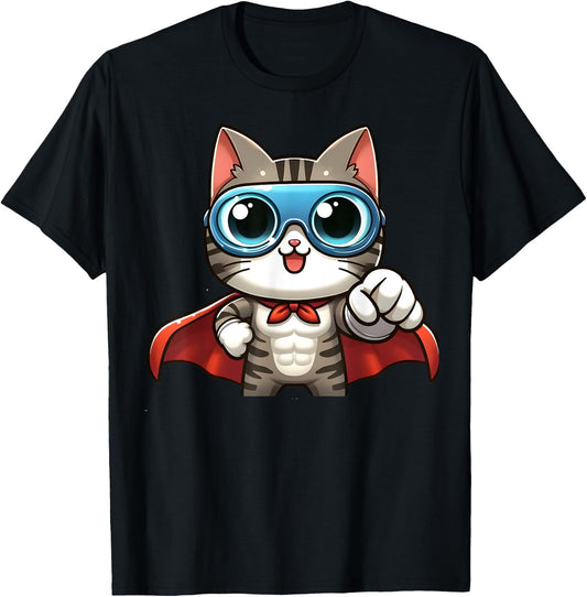 Cute Cat Superhero With Cape Gift Men Kids Women Funny Cat T-Shirt - T-Shirt | Black