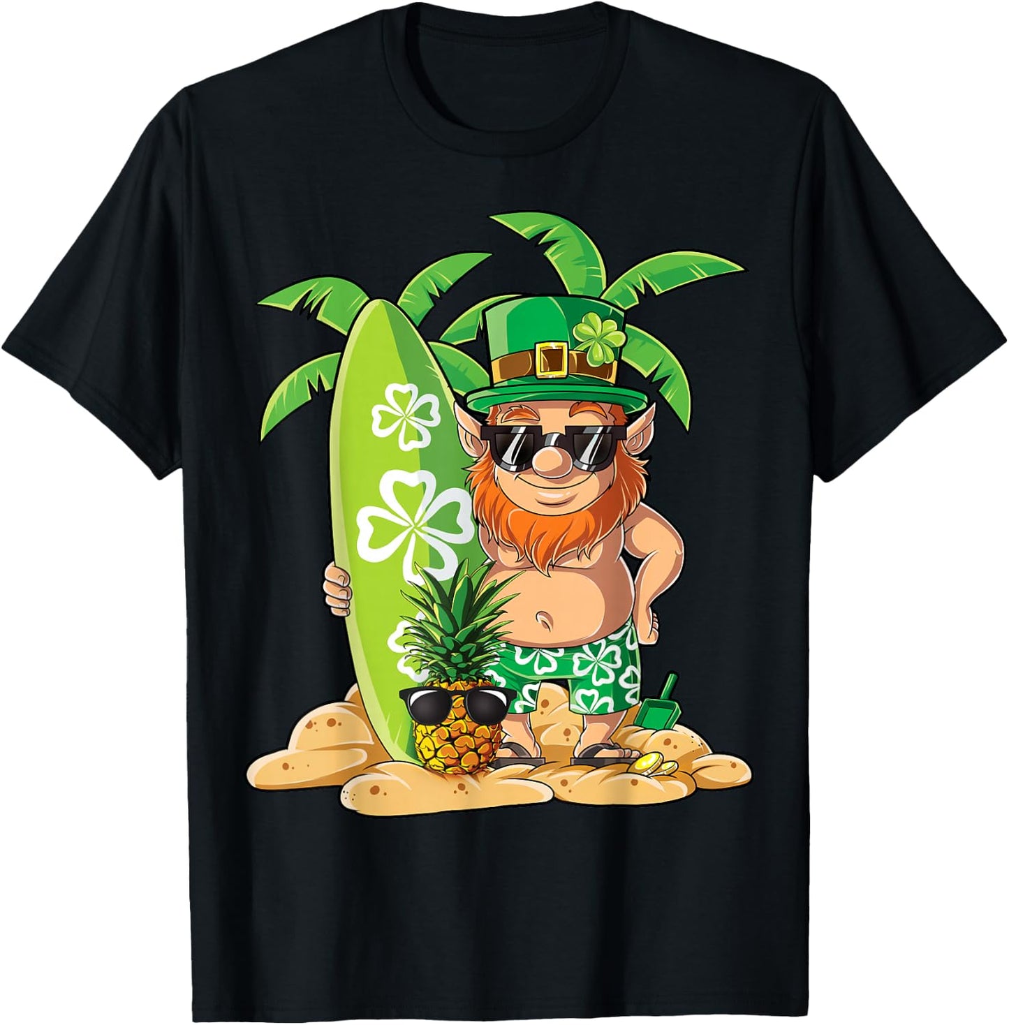 Leprechaun Hawaiian Surfing St Patricks Day Hawaii Men Women T-Shirt - T-Shirt | Black