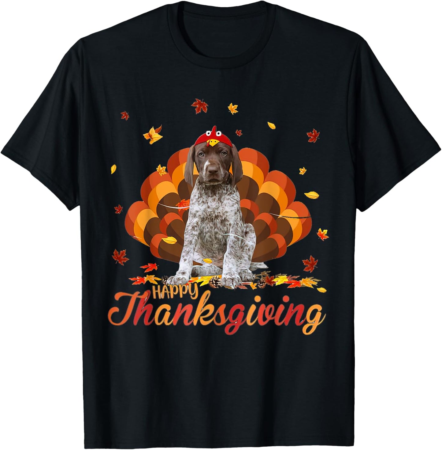 Cute German Shorthaired Pointer Happy Thanksgiving Turkey T-Shirt - T-Shirt | Black