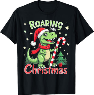 Roaring into Christmas T-Rex Santa Hat & Candy Cane Holiday T-Shirt - T-Shirt | Black