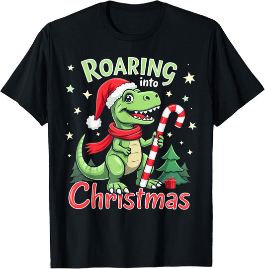 Roaring into Christmas T-Rex Santa Hat & Candy Cane Holiday T-Shirt - T-Shirt | Black