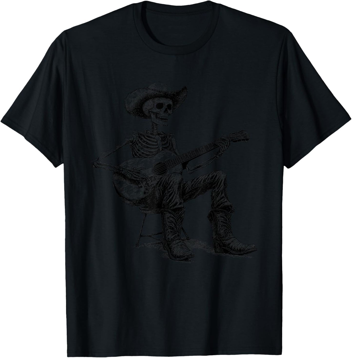 Vintage Western Cowboy Skeleton Playing Guitar Country Music T-Shirt - T-Shirt | Black