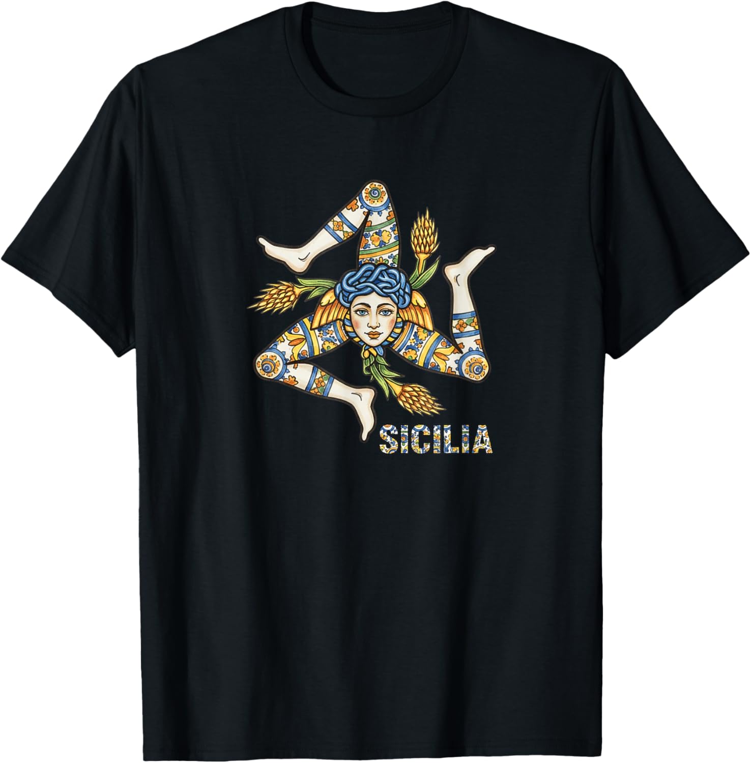 Sicilian Trinacria Emblem, Italian Majolica Sicily Pride T-Shirt - T-Shirt | Black