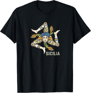 Sicilian Trinacria Emblem, Italian Majolica Sicily Pride T-Shirt - T-Shirt | Black