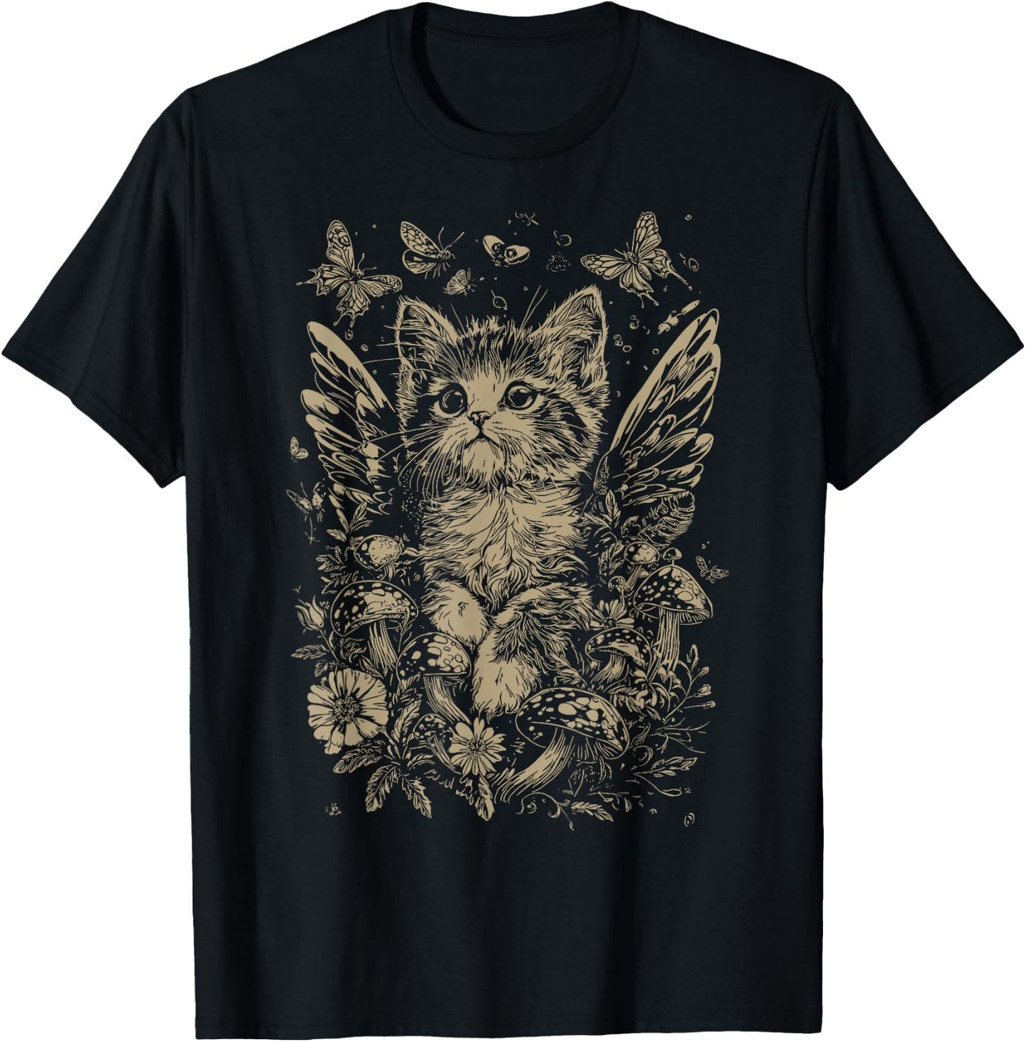 Cute Fairycore Floral Cat Aesthetic Girls Women Fairy Cat T-Shirt - T-Shirt | Black