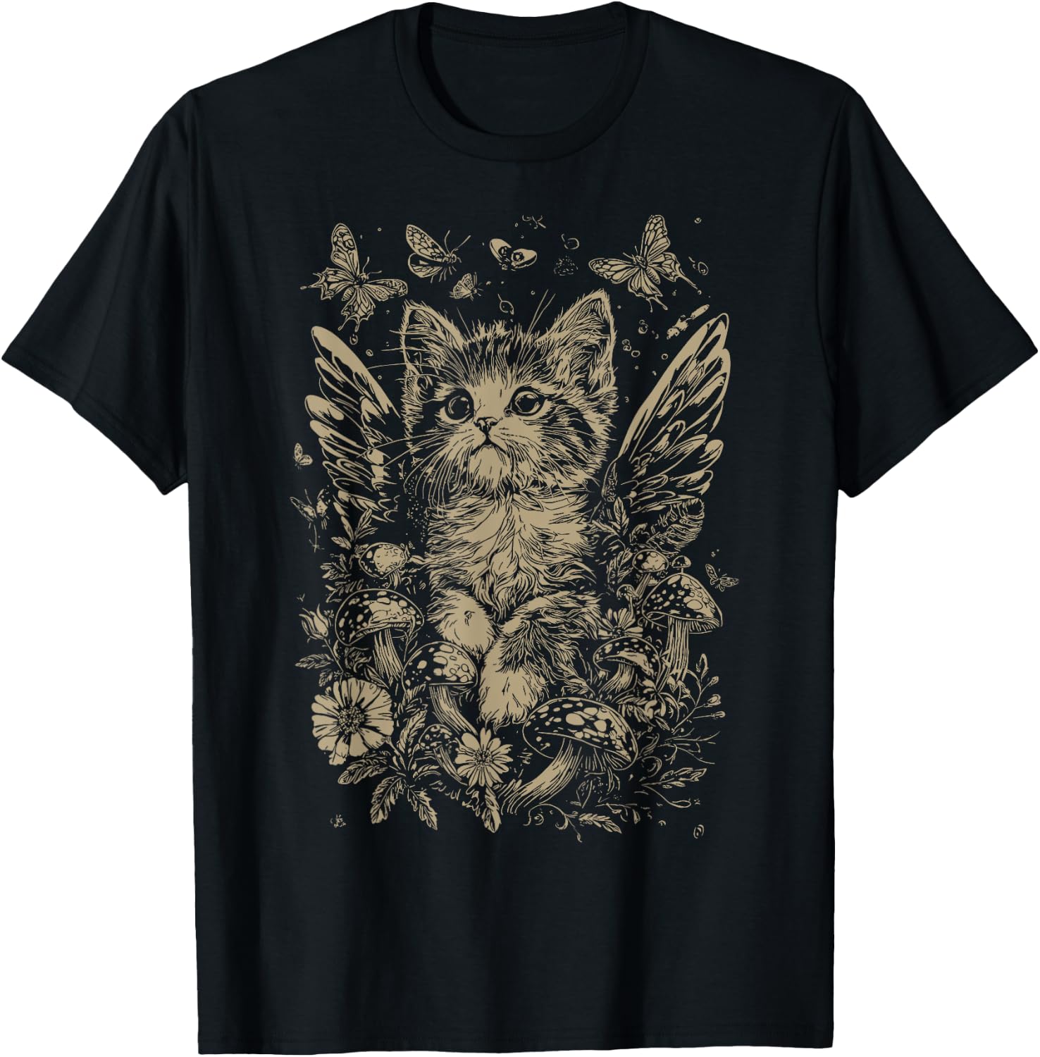 Cute Fairycore Floral Cat Aesthetic Girls Women Fairy Cat T-Shirt - T-Shirt | Black