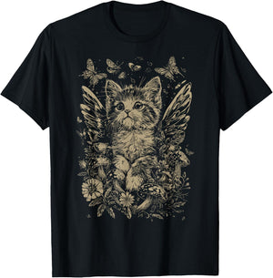 Cute Fairycore Floral Cat Aesthetic Girls Women Fairy Cat T-Shirt - T-Shirt | Black