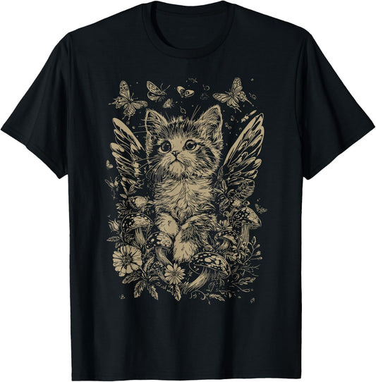 Cute Fairycore Floral Cat Aesthetic Girls Women Fairy Cat T-Shirt - T-Shirt | Black