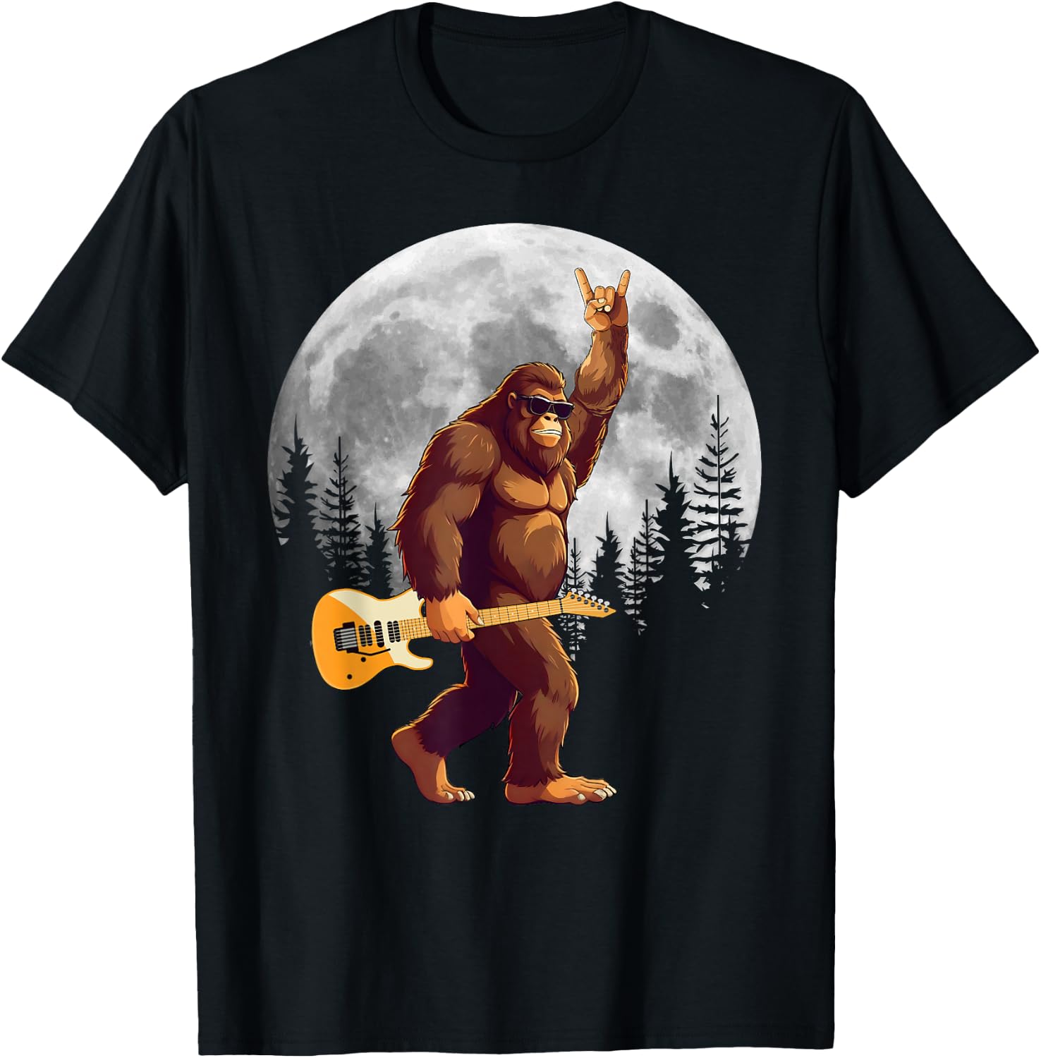 Bigfoot Carrying Guitar At Night Full Moon Trees Sasquatch T-Shirt - T-Shirt | Black