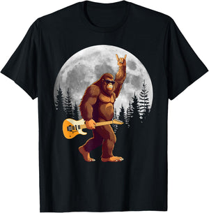 Bigfoot Carrying Guitar At Night Full Moon Trees Sasquatch T-Shirt - T-Shirt | Black