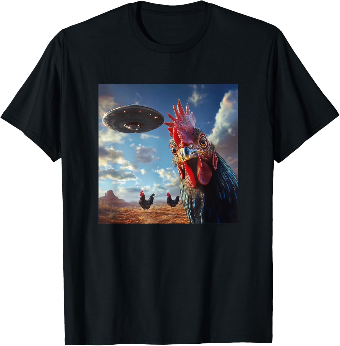 Chicken Hum Selfie with UFOs Weird Print Graphic Space Funny T-Shirt - T-Shirt | Black