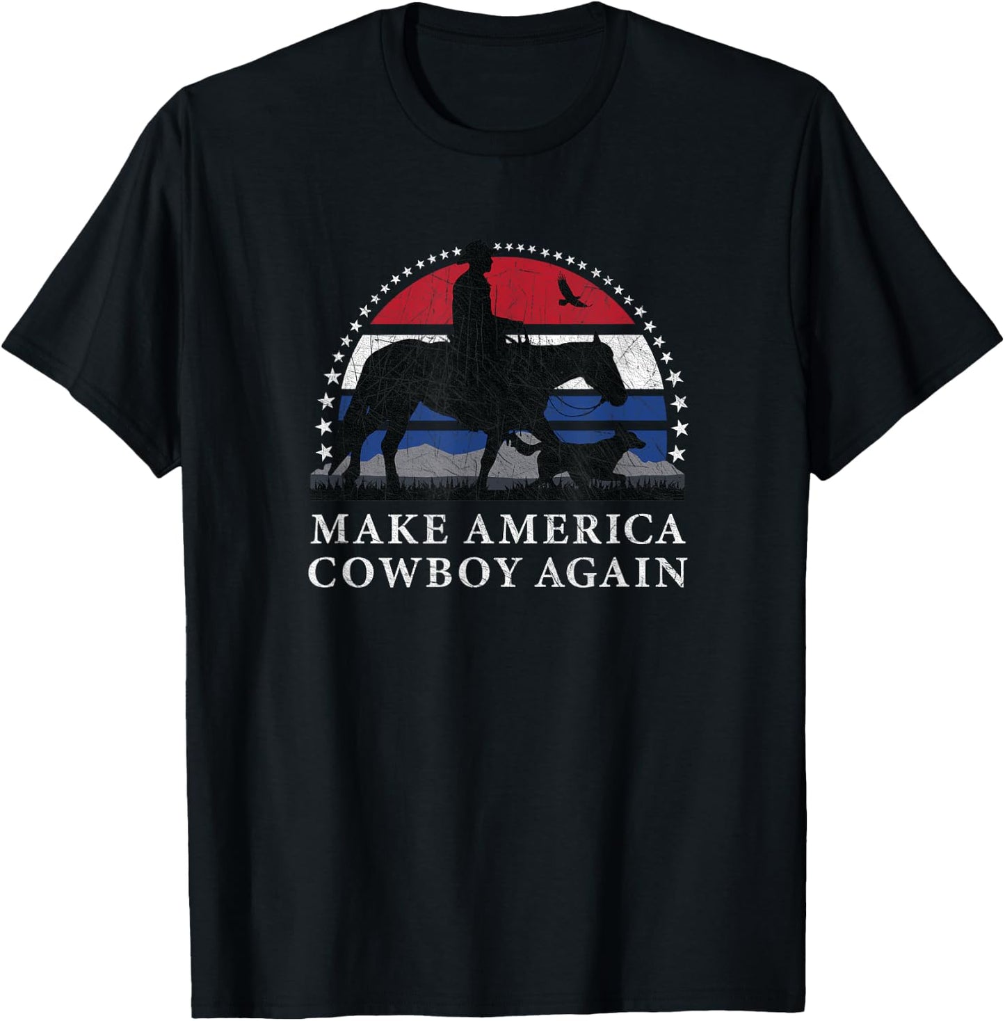 MAKE AMERICA COWBOY AGAIN, HORSE AND DOG DESIGN, FUNNY Gift T-Shirt - T-Shirt | Black