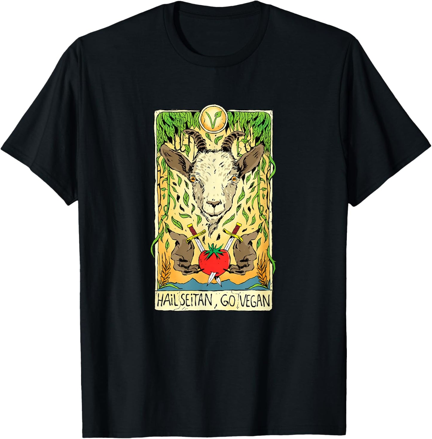 Hail Seitan Go Vegan Tarot Card Goat for Vegansim Lifestyle T-Shirt - T-Shirt | Black