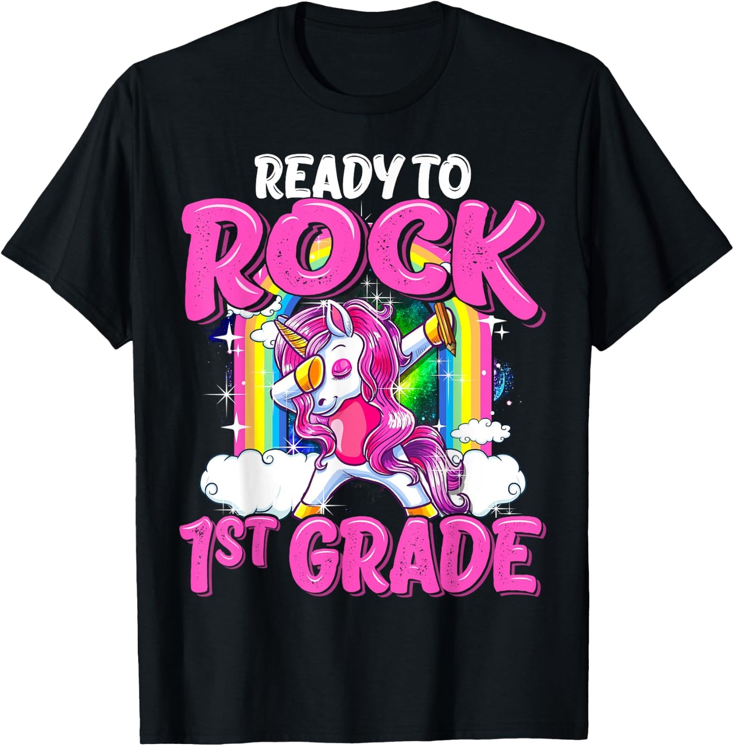 Ready To Rock 1st Grade Dabbing Unicorn Back To School Girls T-Shirt - T-Shirt | Black