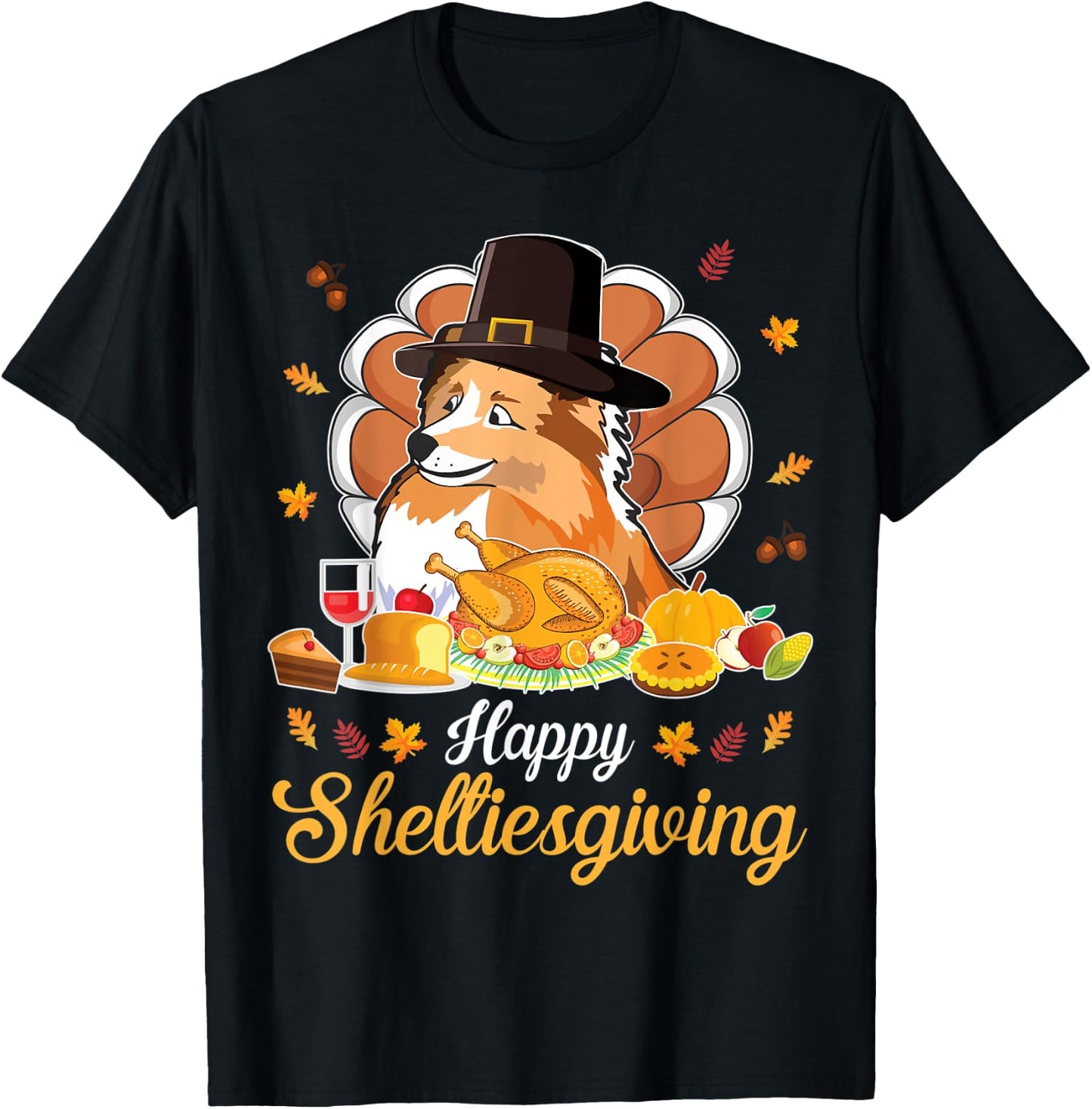 Sheltie Pilgrim & Turkey Dish Wine Happy Thanksgiving Shirt T-Shirt - T-Shirt | Black