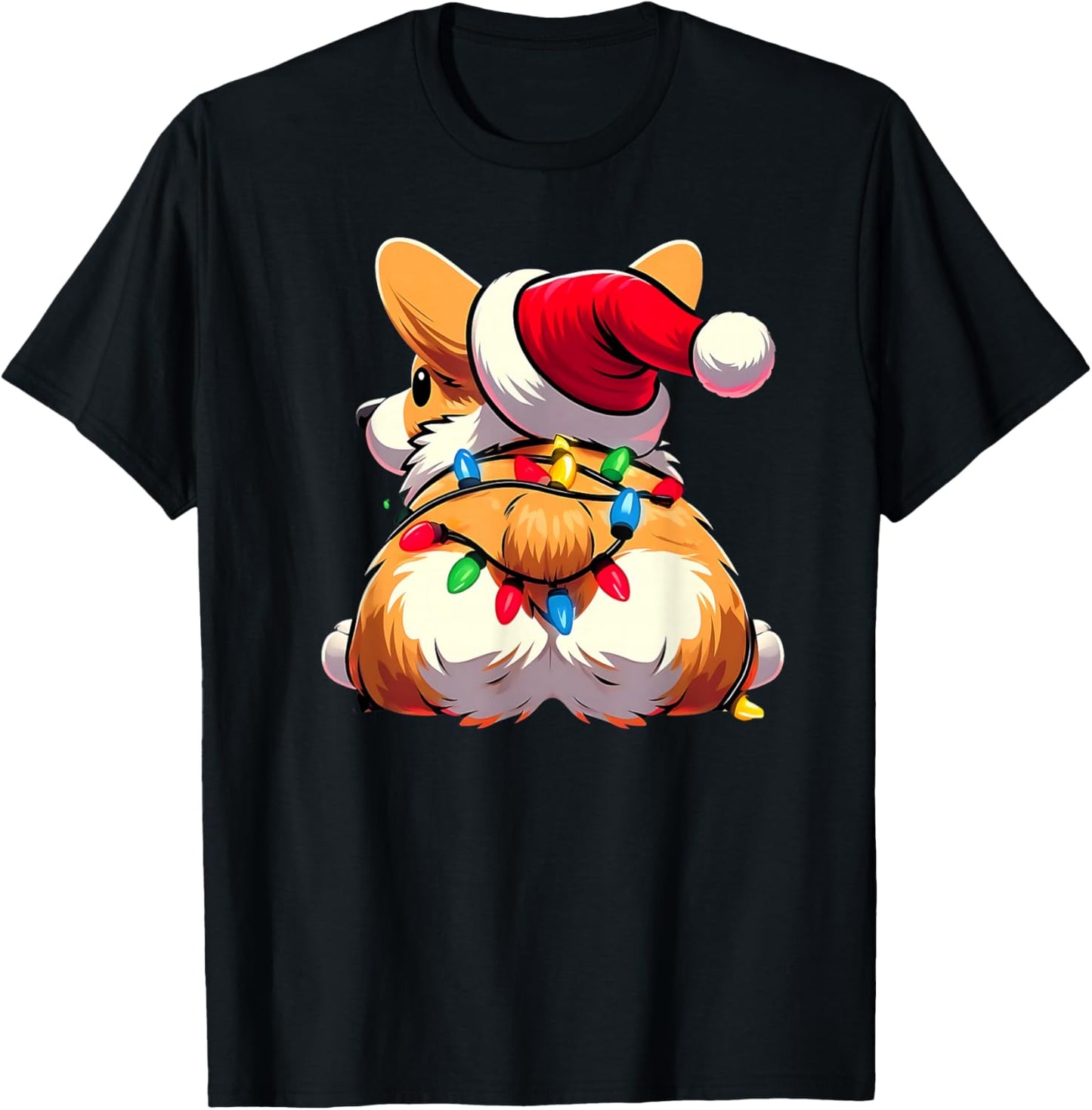 Corgi Butt Funny Xmas Santa Hat Light Christmas Cute Smile T-Shirt - T-Shirt | Black