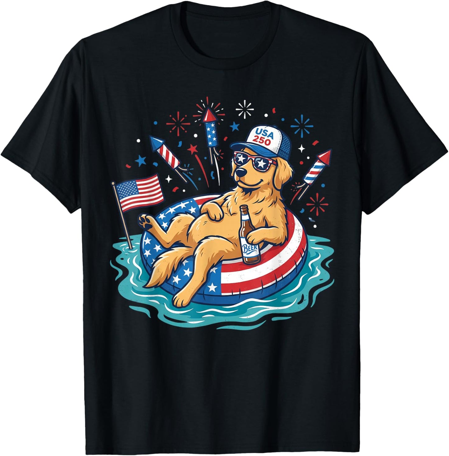 Patriotic Golden Retriever Beer Floatie USA Flag 4th of July T-Shirt - T-Shirt | Black