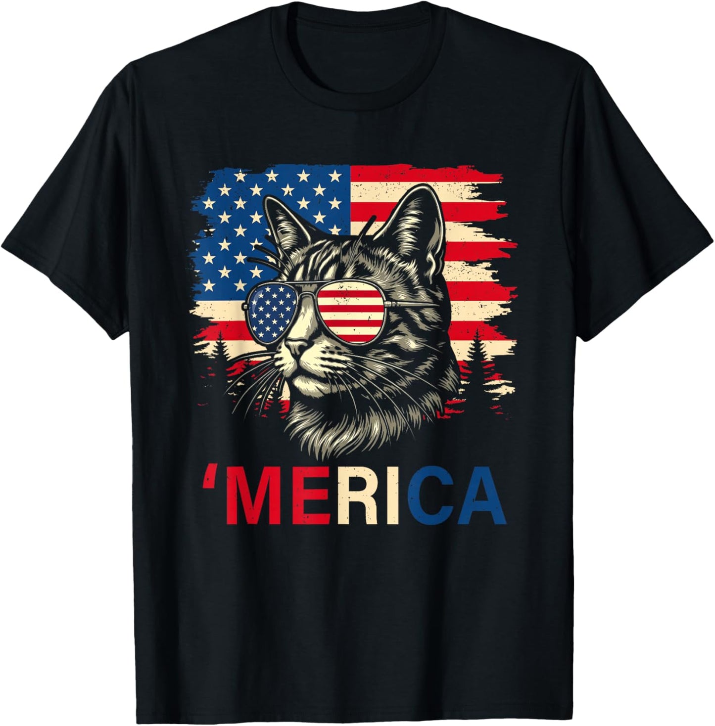 'Merica Cat Patriotic USA Flag Sunglasses Funny Men Women T-Shirt - T-Shirt | Black