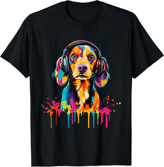 Dachshund Lover Wearing Headphones Funny Dachshund T-Shirt - T-Shirt | Black