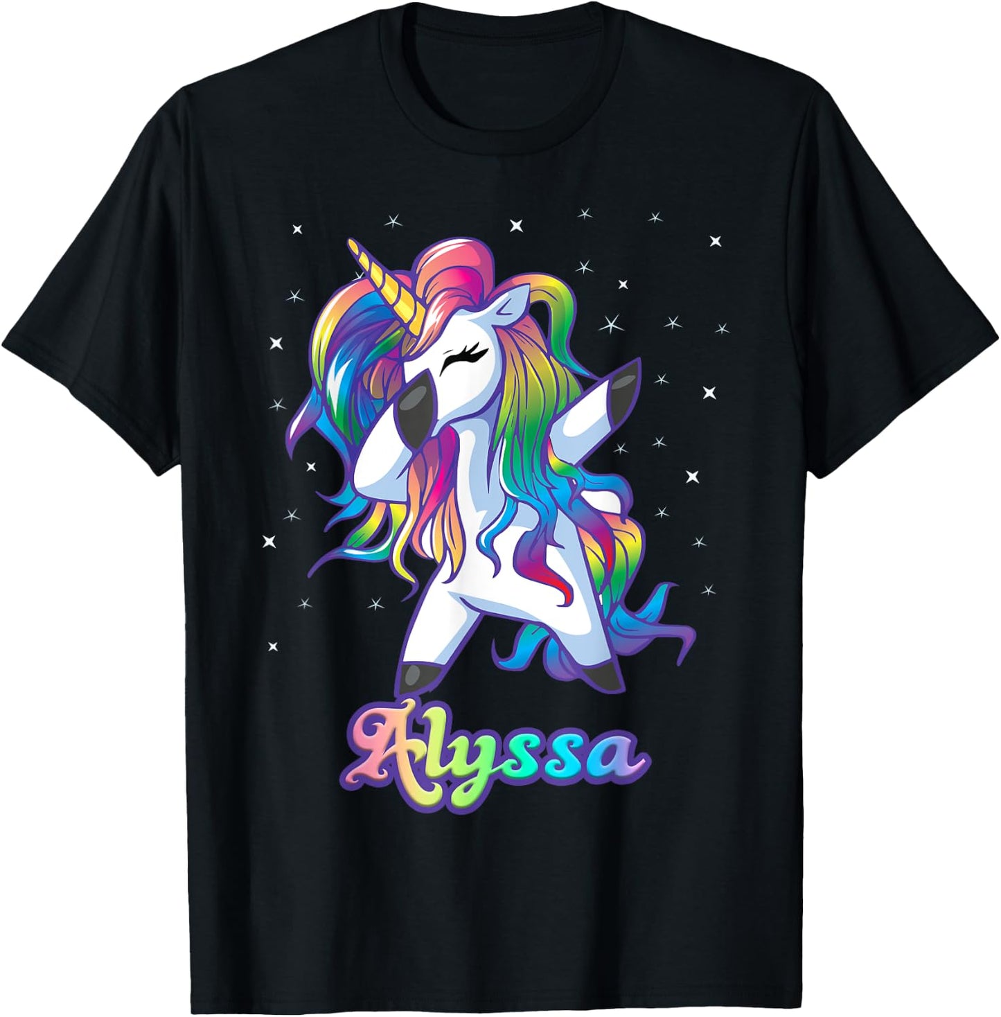 ALYSSA Name Personalized Custom Rainbow Unicorn Dabbing T-Shirt - T-Shirt | Black