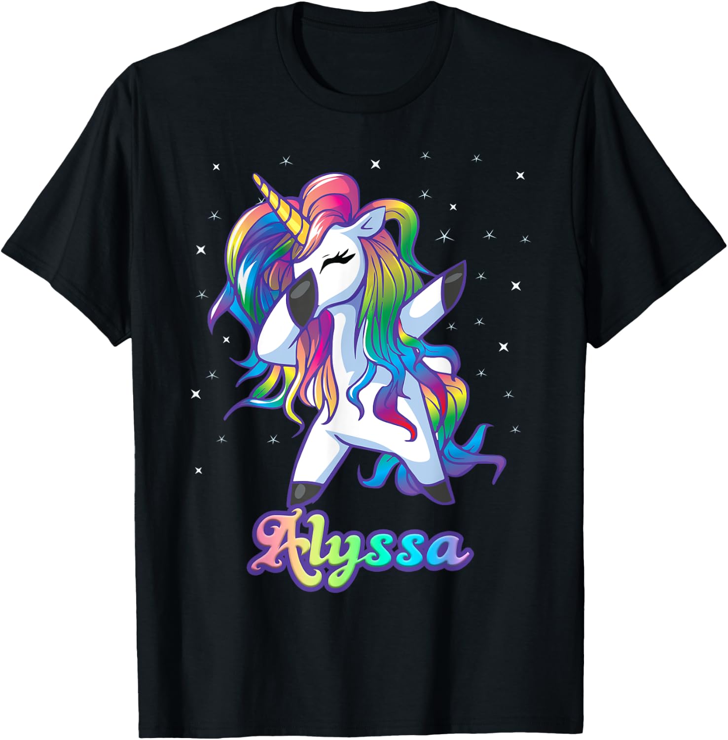 ALYSSA Name Personalized Custom Rainbow Unicorn Dabbing T-Shirt - T-Shirt | Black