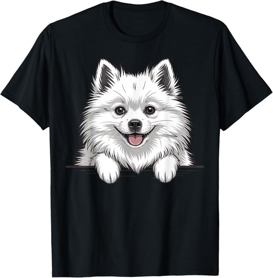 Japanese Spitz Funny Peeking White Fluffy Dog T-Shirt - T-Shirt | Black