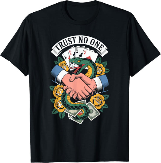 Trust No One Snake Handshake Betrayal Tattoo Art T-Shirt - T-Shirt | Black