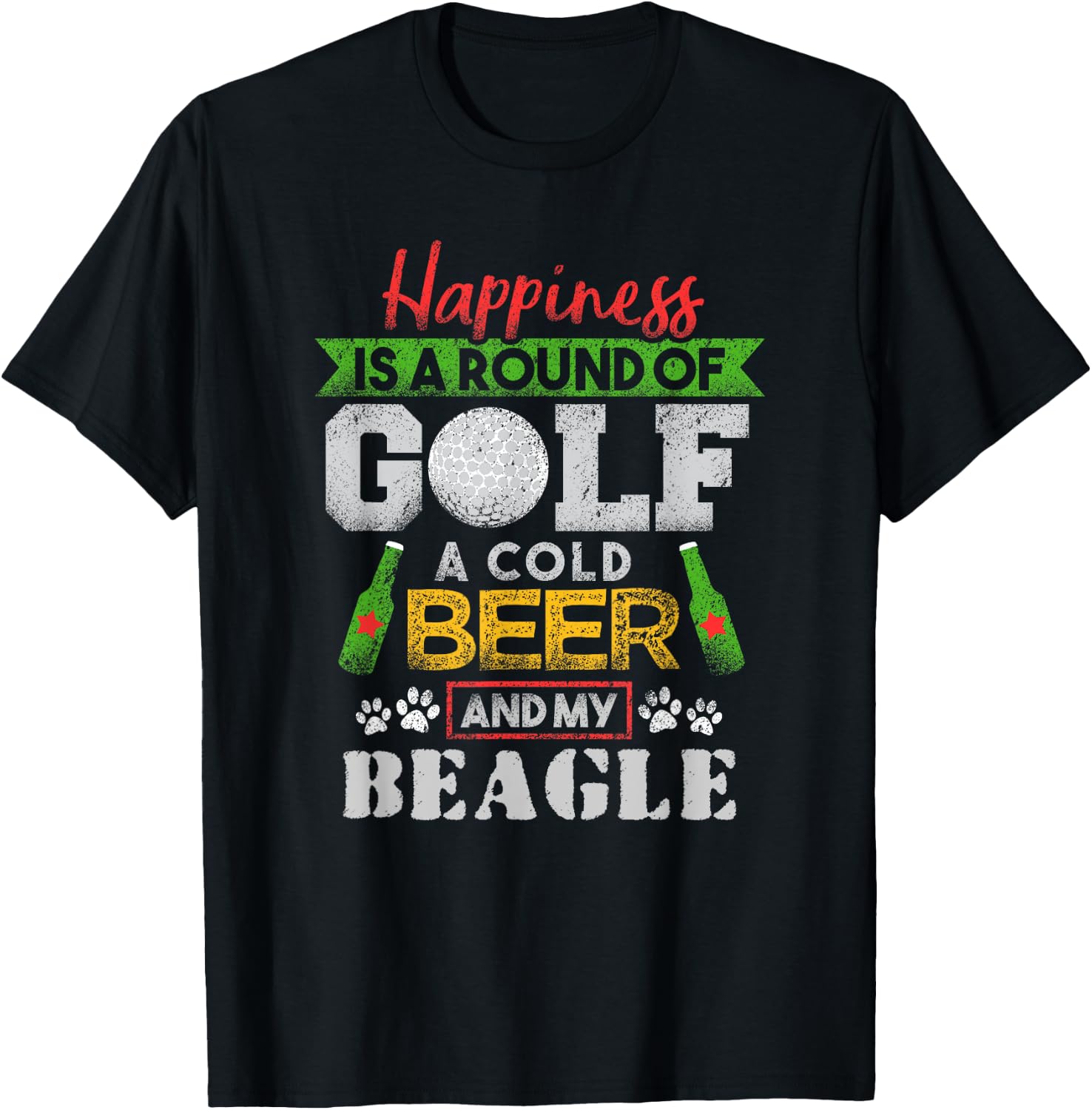 Happiness is Round of Golf Cold Beer Beagle T-Shirt - T-Shirt | Black