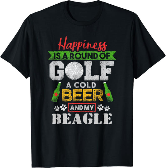 Happiness is Round of Golf Cold Beer Beagle T-Shirt - T-Shirt | Black