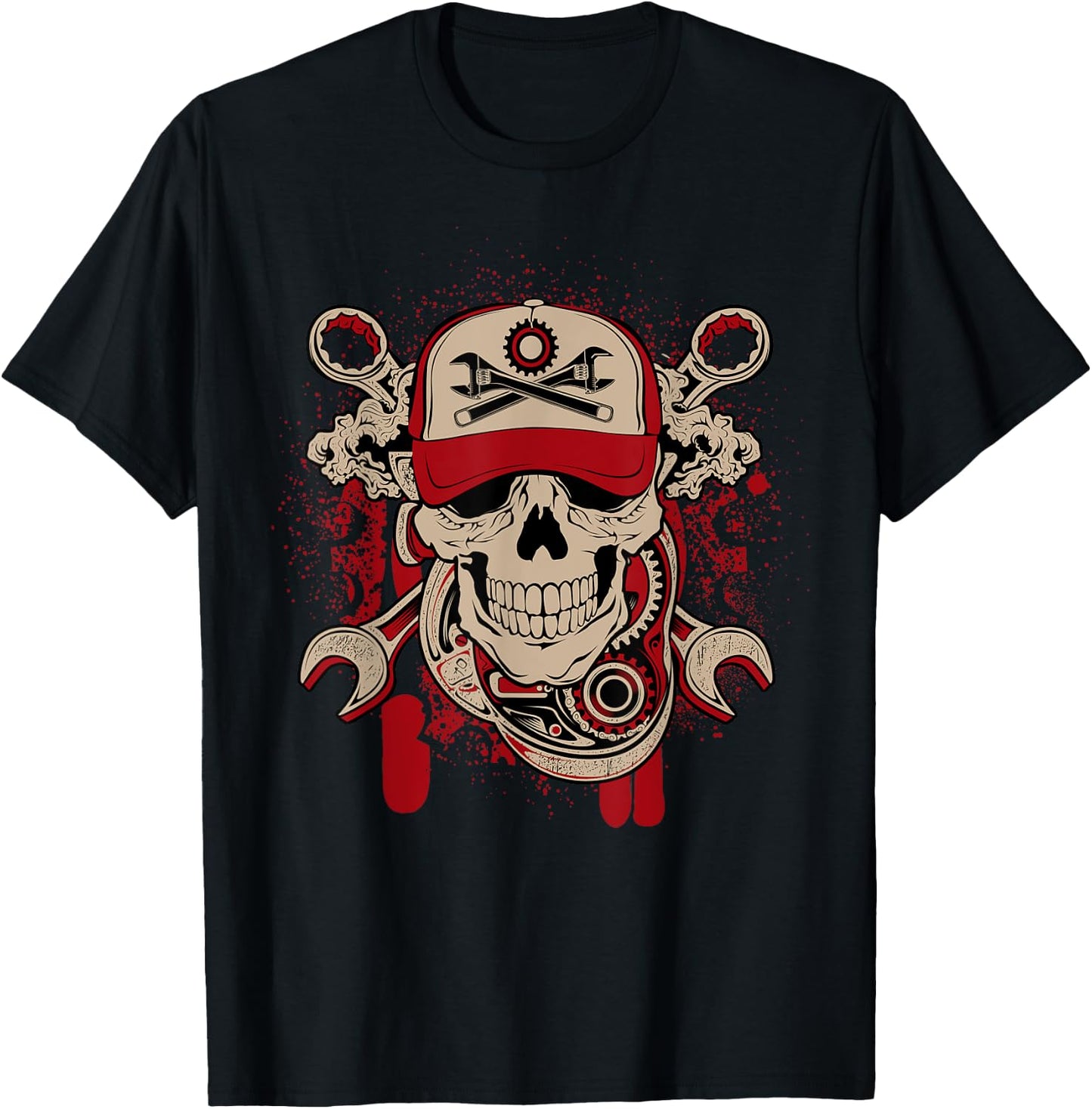 Vintage Mechanic Skull and Wrench Graphic T-Shirt - T-Shirt | Black