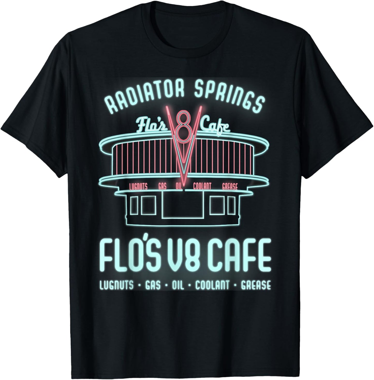 Disney Pixar Cars Flo's V8 Cafe Neon Sign Vintage Poster T-Shirt - T-Shirt | Black