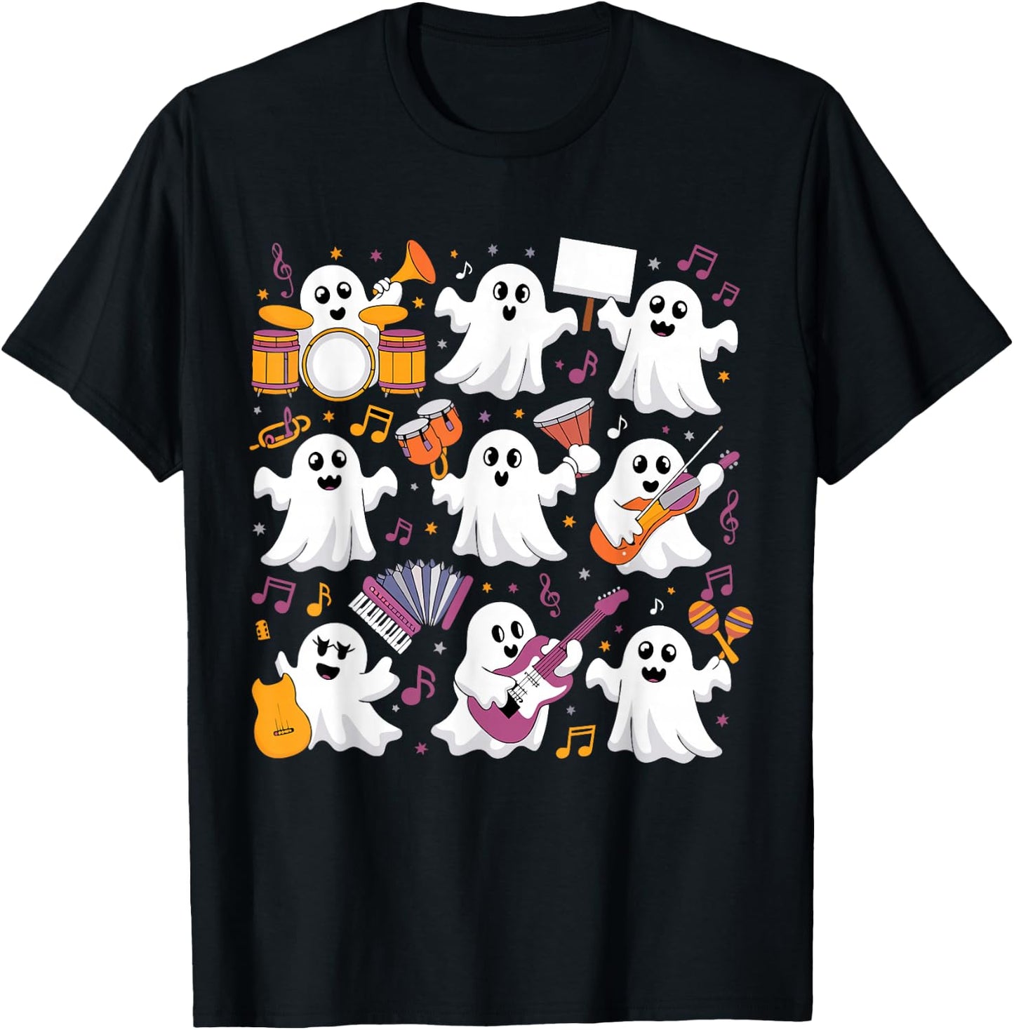 Halloween Ghost Music Teacher Playing Instruments T-Shirt - T-Shirt | Black