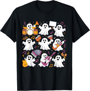 Halloween Ghost Music Teacher Playing Instruments T-Shirt - T-Shirt | Black