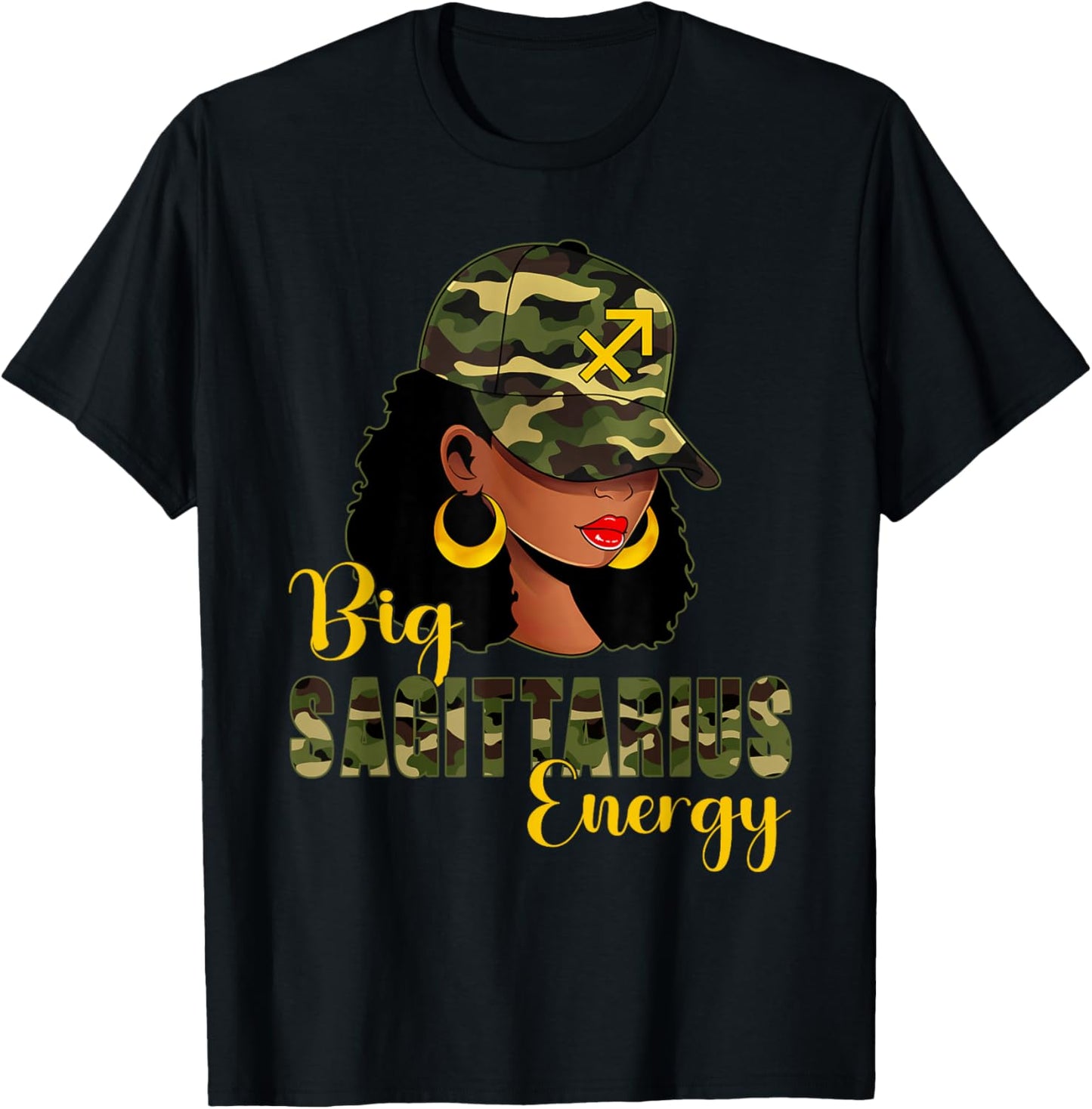 Big Sagittarius Energy Camouflage Black Woman Cap Zodiac T-Shirt - T-Shirt | Black