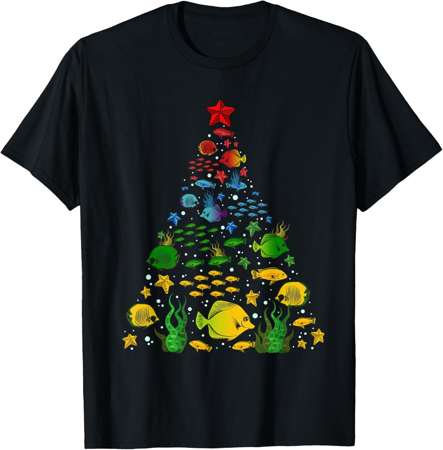 Fish Lovers Sea Beach Aquatic Christmas Tree Xmas Decor T-Shirt - T-Shirt | Black