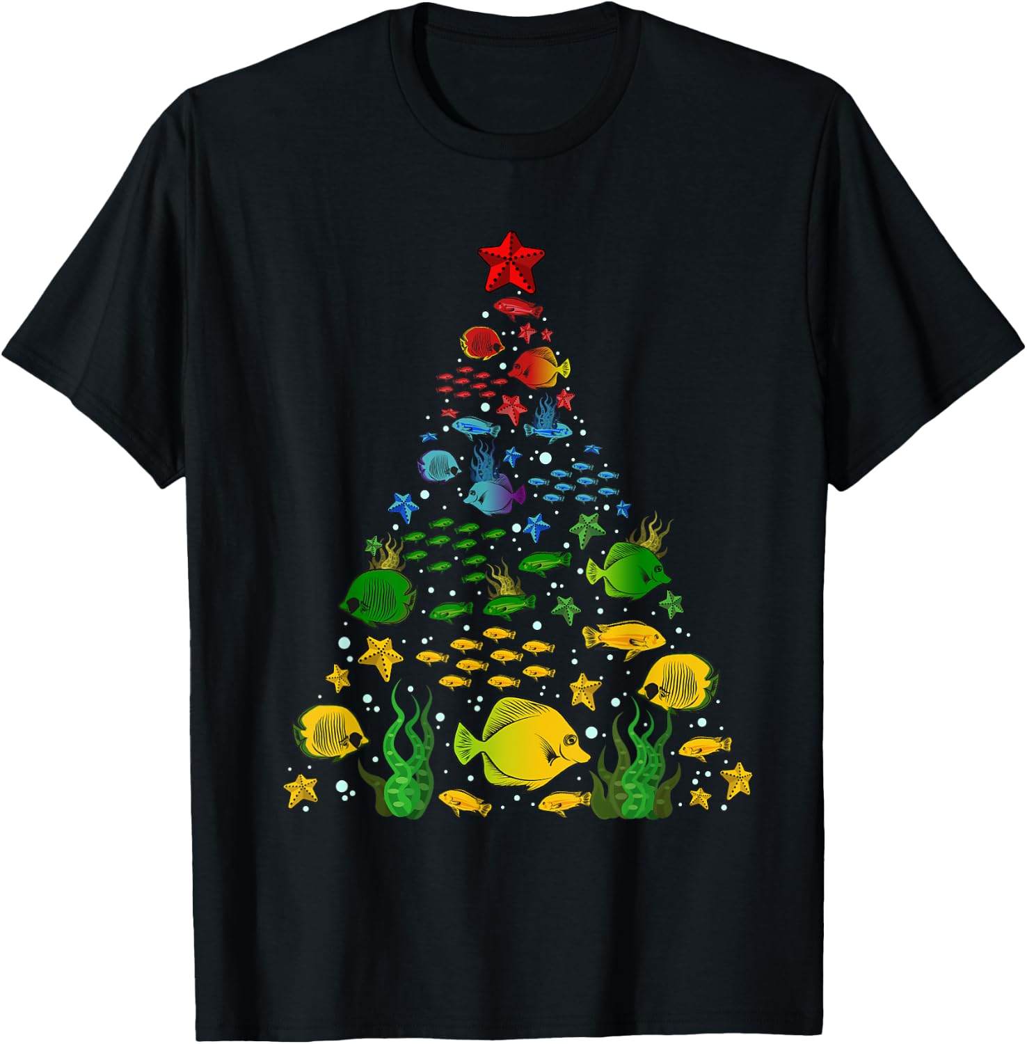Fish Lovers Sea Beach Aquatic Christmas Tree Xmas Decor T-Shirt - T-Shirt | Black