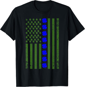 Thin Blue Line Flag Irish American St Patricks Day T Shirt T-Shirt - T-Shirt | Black