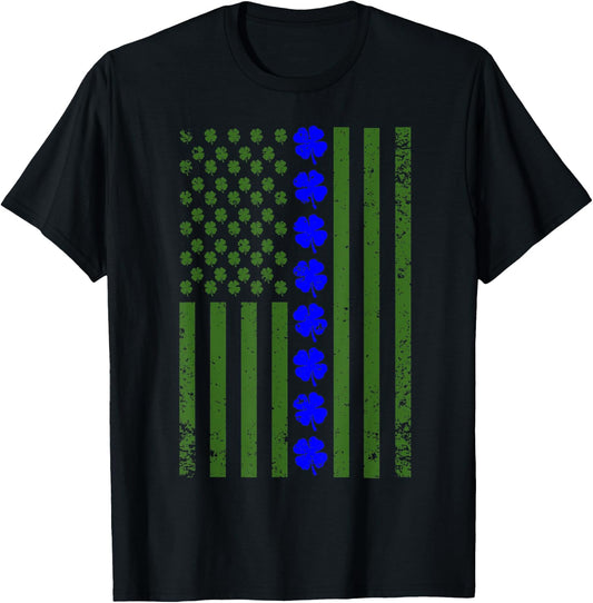 Thin Blue Line Flag Irish American St Patricks Day T Shirt T-Shirt - T-Shirt | Black