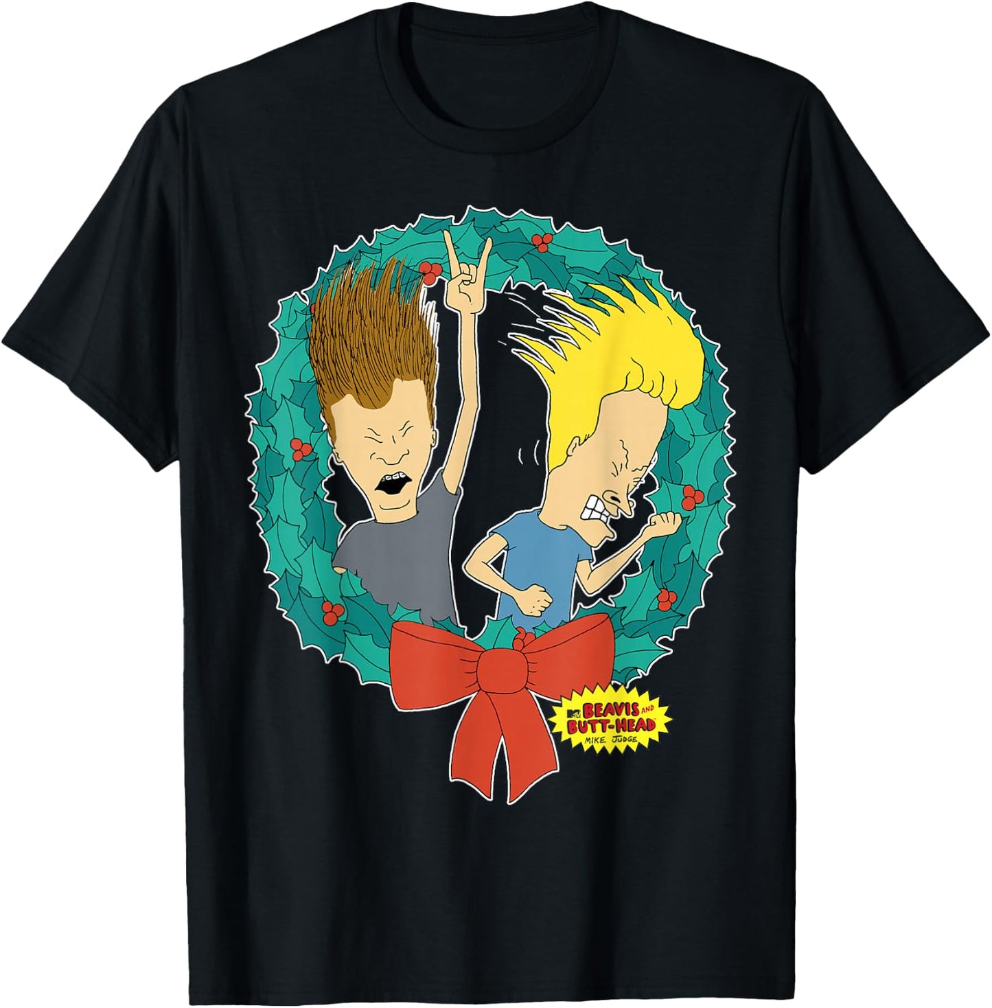 Beavis and Butt-Head Rock And Roll Wreath Christmas T-Shirt - T-Shirt | Black