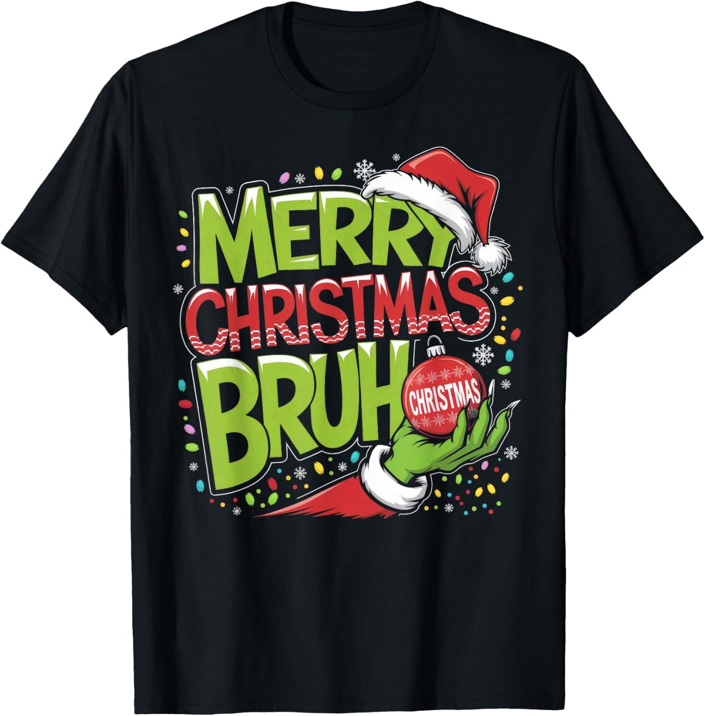 Merry Christmas Bruh Green Hand Santa Hat Xmas Family Pjs T-Shirt - T-Shirt | Black