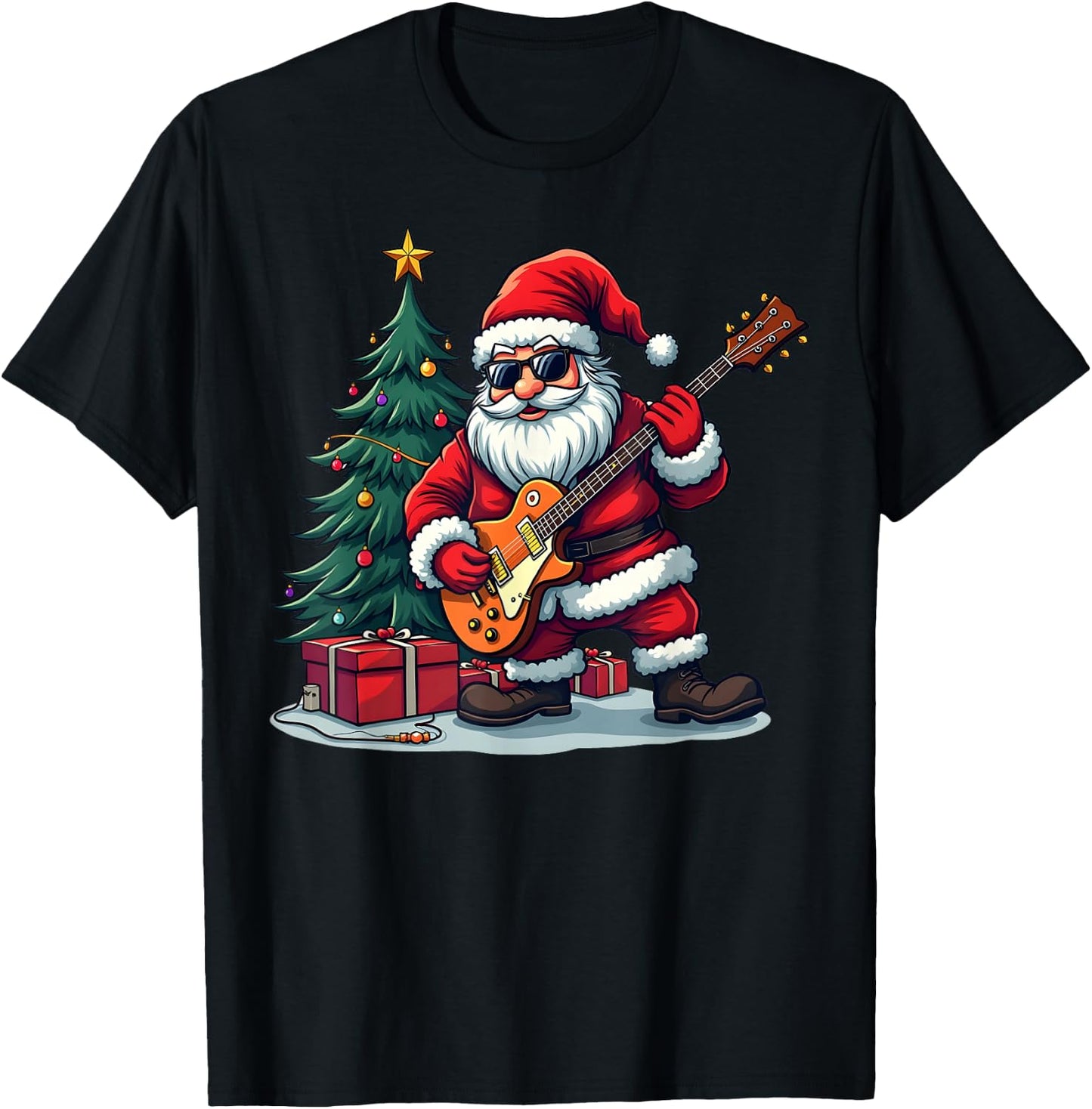 A rockstar Santa with a guitar in front of a Christmas tree T-Shirt - T-Shirt | Black