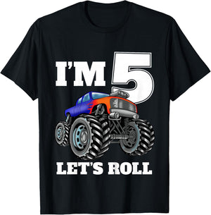 Kids Monster Truck 5th Birthday Boy 5 Five Year Old T-Shirt - T-Shirt | Black