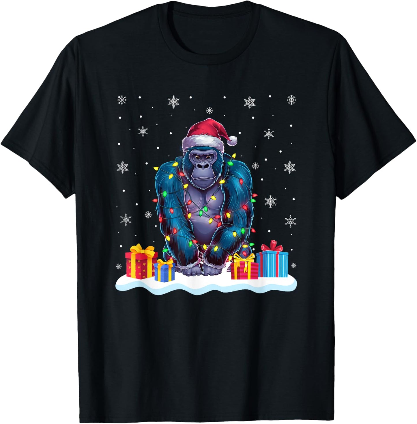 Gorilla Santa Hat Christmas Tree Light Xmas Pajama T-Shirt - T-Shirt | Black