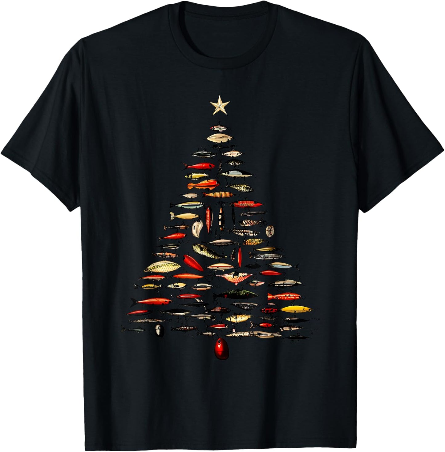 Retro Fishing Lure Christmas Tree Fishermen Fishmas Pajama T-Shirt - T-Shirt | Black