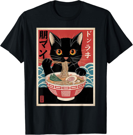 Cat Ramen Japanese Funny Kawaii Cat Graphic Gifts Anime T-Shirt - T-Shirt | Black